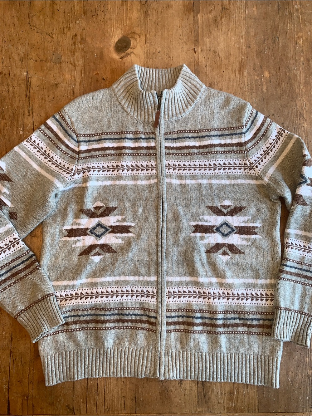 Frye Light Tan Full-Zip Southwestern Pattern Sweater